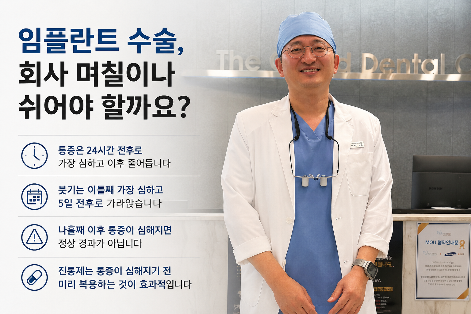 “임플란트 수술 후 통증·붓기·회복기간과 회사 휴식 기간을 안내하는 더착한치과 황우석 원장의 영문 대표 이미지”