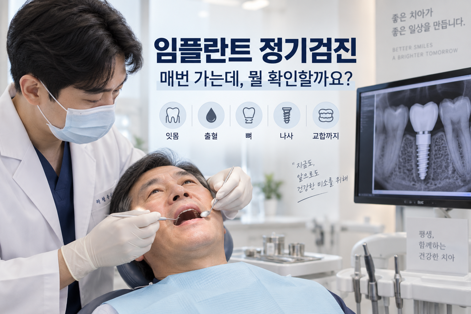 임플란트 정기검진에서 잇몸, 출혈, 뼈 상태, 나사와 교합을 확인하는 치과 검진 모습