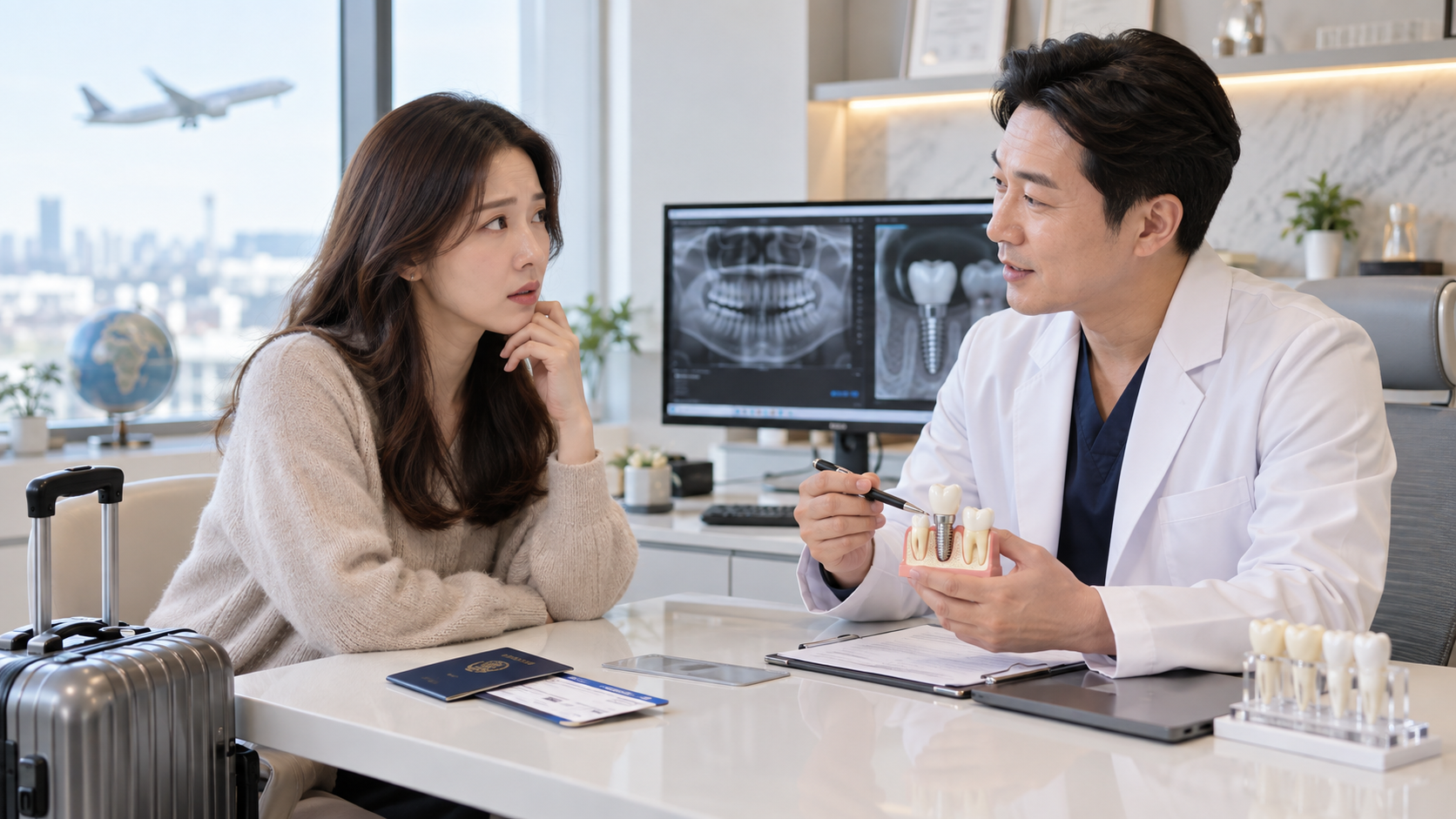 임플란트 수술 일주일 후 해외여행을 앞둔 30대 여성 환자가 치과에서 비행기 탑승 가능 시기를 상담받는 모습. 치과의사가 임플란트 모형을 들고 설명하고 있으며, 옆에는 여행용 캐리어와 여권이 놓여 있고 창밖으로 비행기가 보이는 장면.
