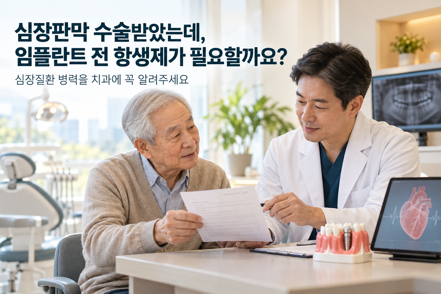 심장판막 수술 이력이 있는 70대 남성 환자가 진료의뢰서를 들고 치과의사와 임플란트 전 항생제 사용을 상담하는 모습. 책상에는 임플란트 모형과 심장 그림이 표시된 화면이 놓여 있다.