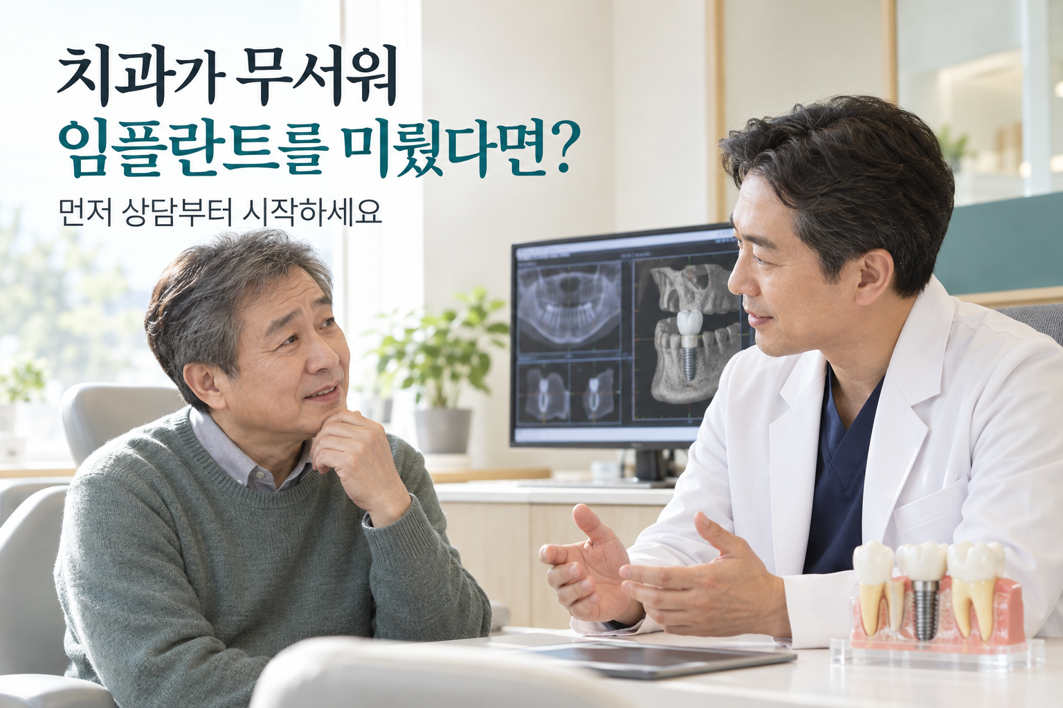 치과 치료가 두려워 임플란트를 미뤄온 중년 남성 환자가 치과의사와 상담하는 모습. 뒤쪽 화면에는 치아 CT와 임플란트 계획 영상이 보이고, 책상에는 임플란트 모형이 놓여 있다.