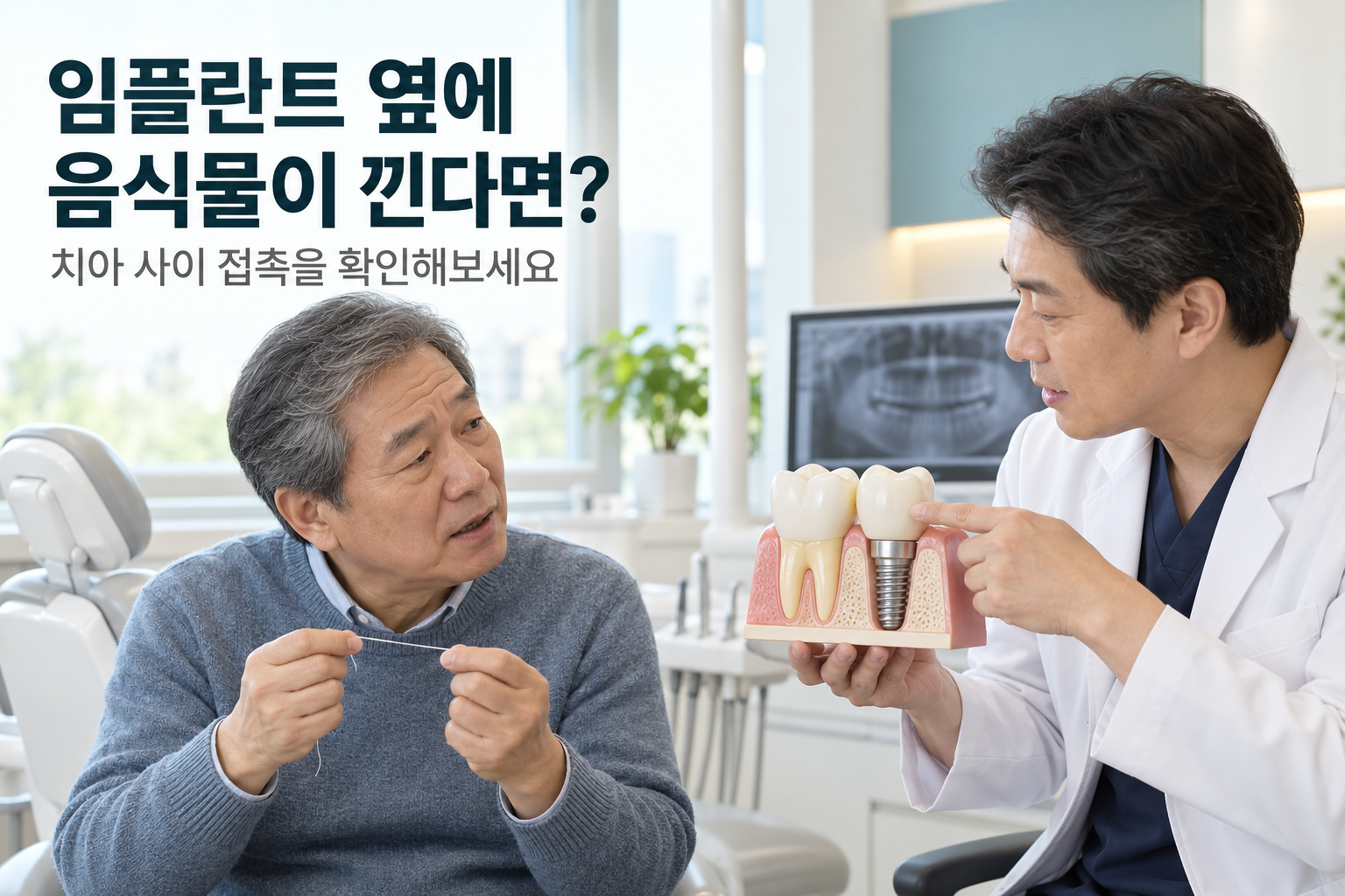 치실을 든 60대 남성 환자가 치과의사에게 임플란트 옆 음식물 끼임을 상담하는 모습. 치과의사는 임플란트와 옆 자연치아의 접촉 부위를 치아 모형으로 가리키고 있다.