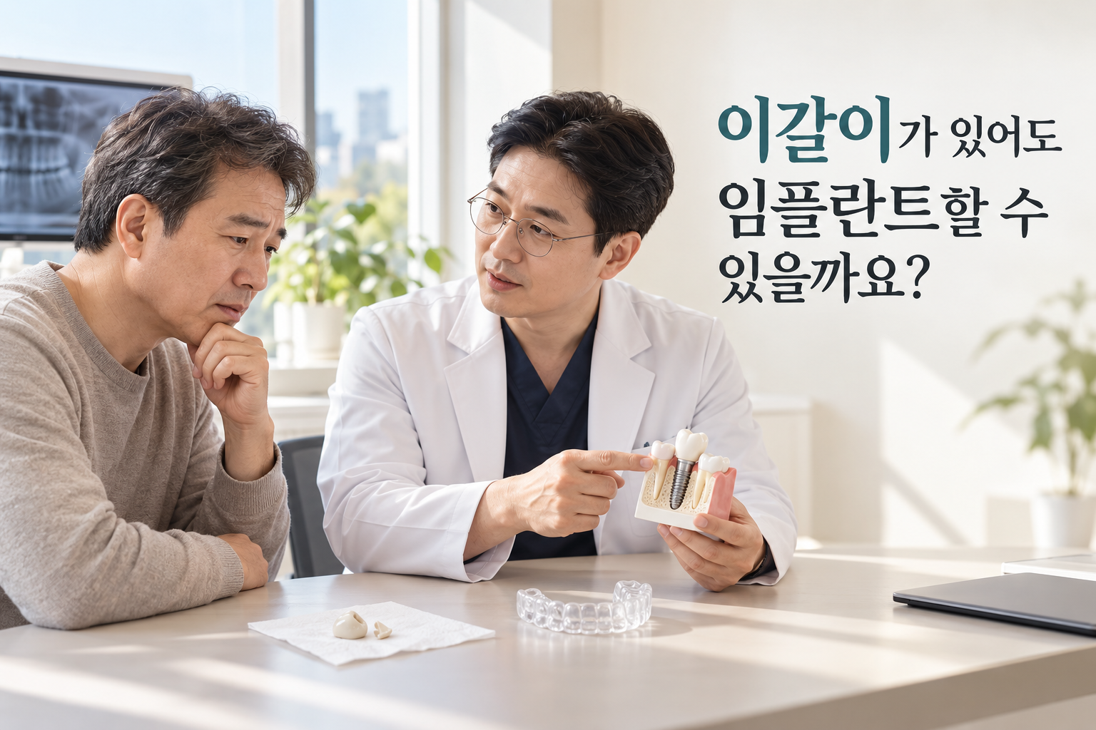치과의사가 이갈이 환자에게 임플란트 모형을 보여주며 상담하는 모습. 테이블에는 깨진 크라운 조각과 나이트가드가 놓여 있다.