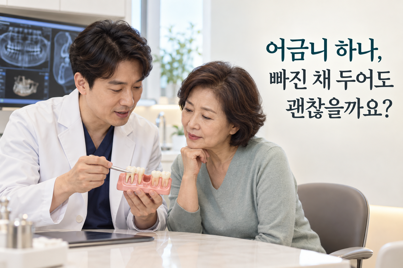 치과의사가 50대 여성 환자에게 어금니가 빠진 자리를 치아 모형으로 설명하는 모습. 오른쪽에는 ‘어금니 하나, 빠진 채 두어도 괜찮을까요?’라는 문구가 적혀 있다.
