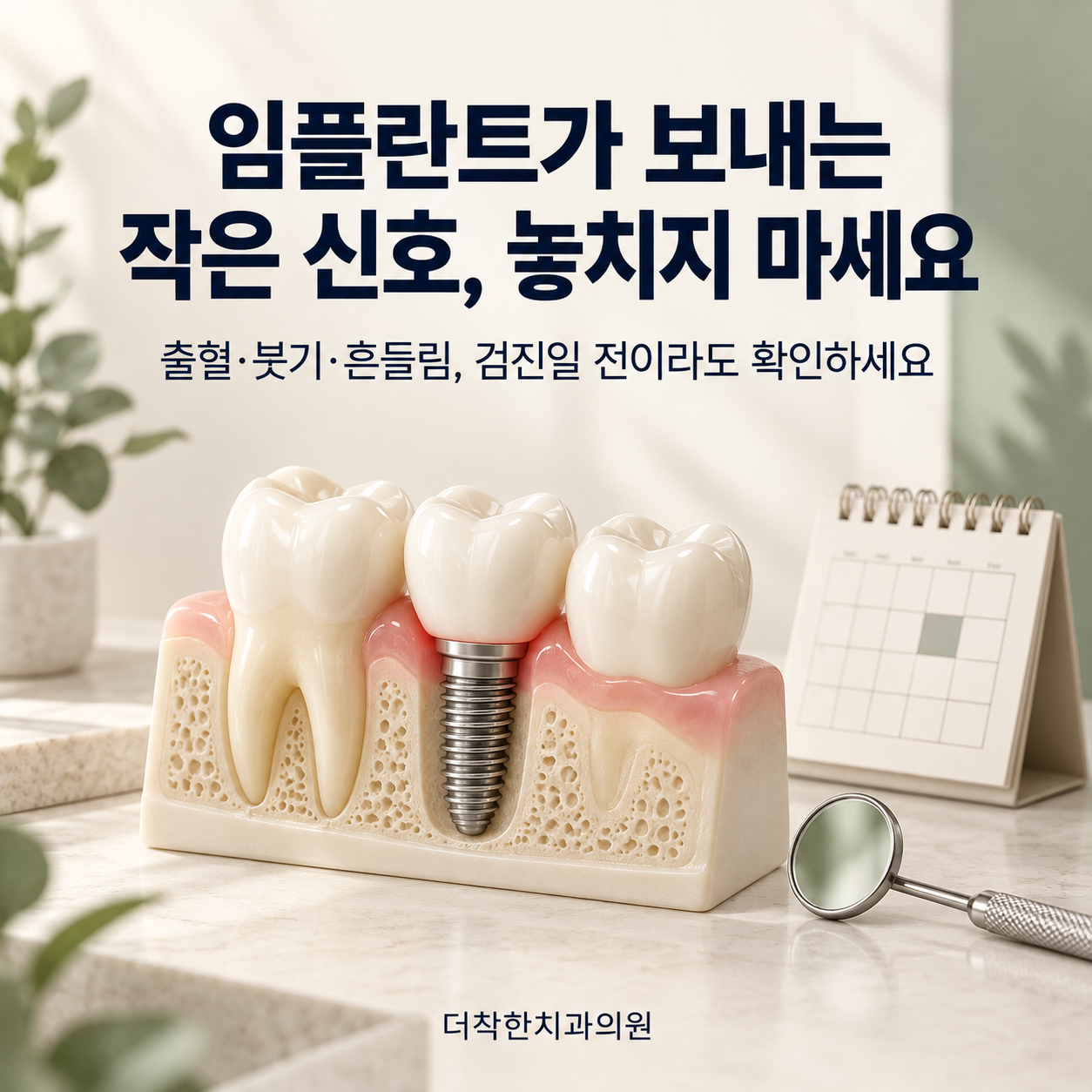 임플란트 주위 잇몸이 붉어진 모형과 달력을 배치해 출혈·붓기·흔들림이 있으면 정기검진 전이라도 확인받도록 안내하는 더착한치과의원 대표이미지.