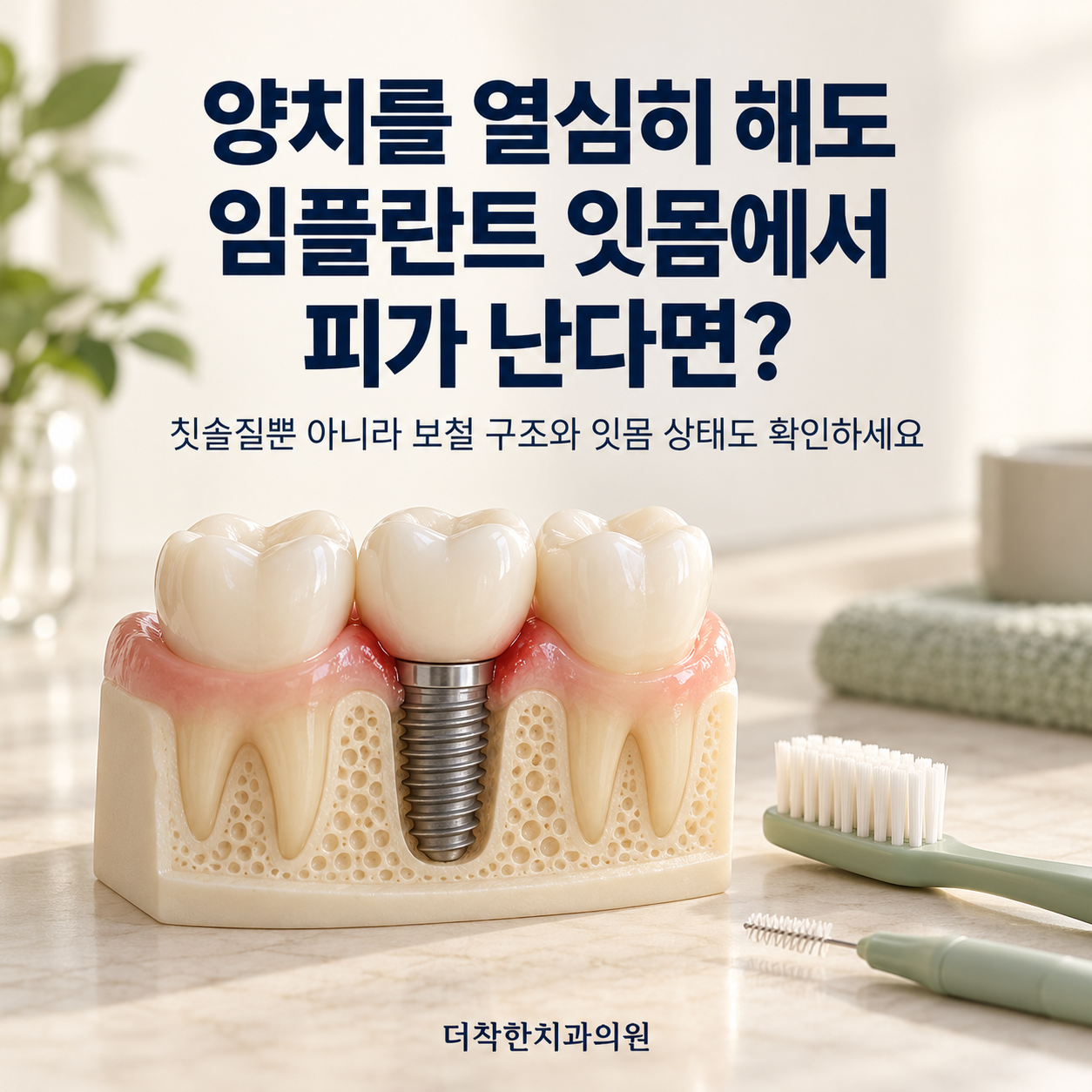 임플란트 주변 잇몸이 붉어진 모형과 칫솔·치간칫솔을 배치해, 양치 중 출혈이 있으면 보철 구조와 잇몸 상태를 확인하도록 안내하는 이미지.