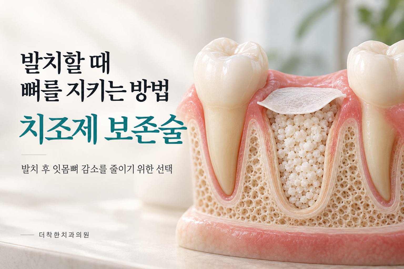 alt: 발치한 자리에 뼈이식재를 채우고 얇은 막으로 덮는 치조제 보존술을 보여주는 잇몸뼈 단면 모형.