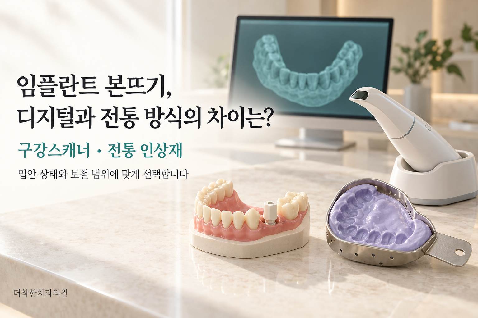 alt: 구강스캐너와 실리콘 인상 트레이, 스캔바디가 연결된 치아 모형을 나란히 배치해 임플란트의 디지털·전통 본뜨기 방식을 비교하는 이미지.