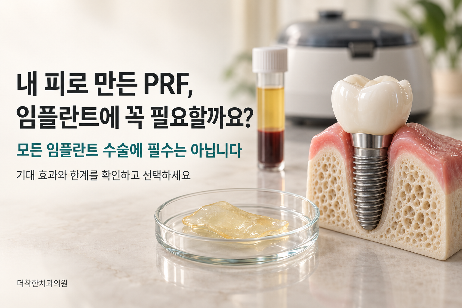 alt: 임플란트 단면 모형과 PRF 막, 원심분리된 혈액 튜브를 배치해 PRF의 기대 효과와 한계를 확인하고 선택하도록 안내하는 이미지.
